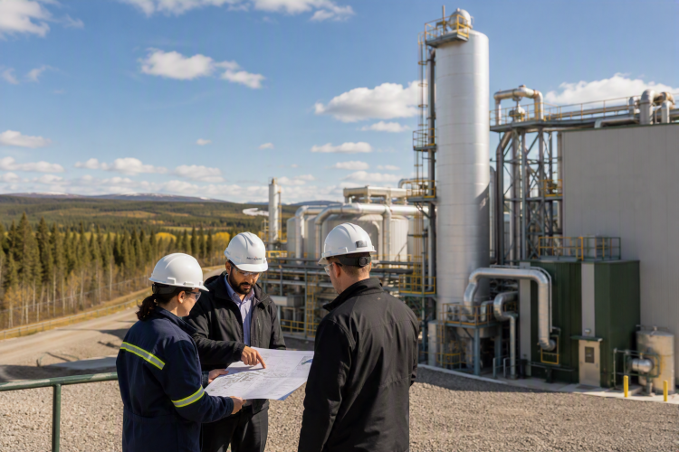 Three people in hard hats review plans in front of a carbon removal facility surrounded by forested landscape.