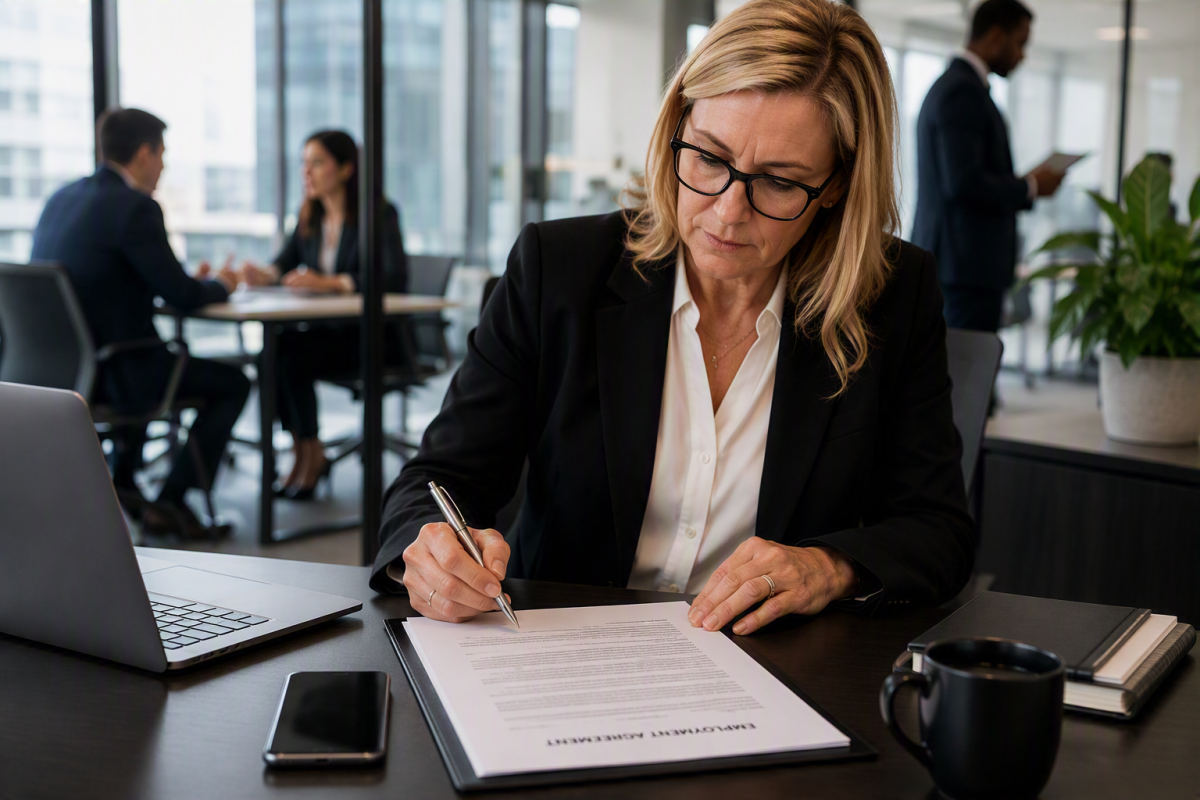 Businesswoman reviewing an employment agreement in a modern office, with colleagues working in the background.