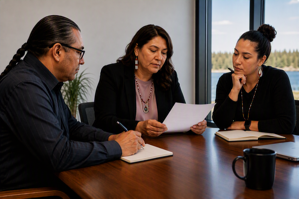 Three people sit at table, looking at documents