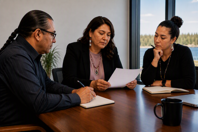 Three people sit at table, looking at documents