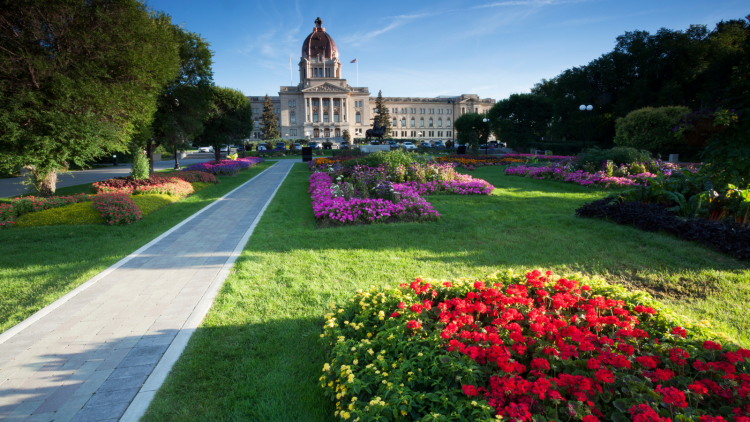 Saskatchewan Legislative Building with flowers