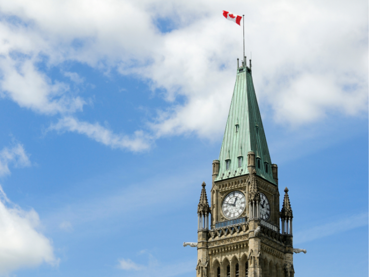 The peak of the Peace Tower on a sunny day in Ottawa