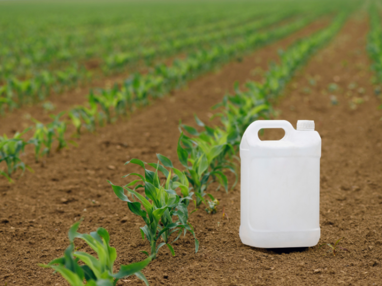 A jug of pesticide in a farming field