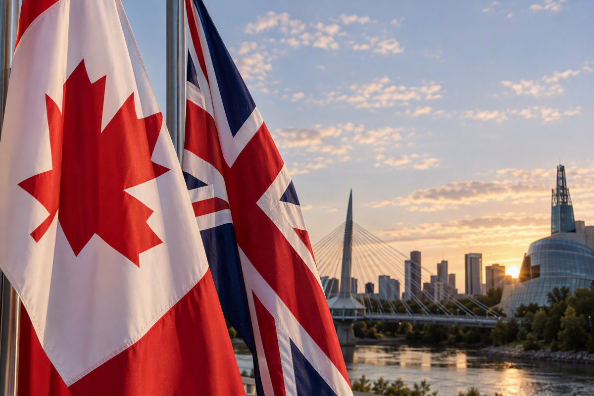 Canada and U.K. flags with Winnipeg landmarks in background