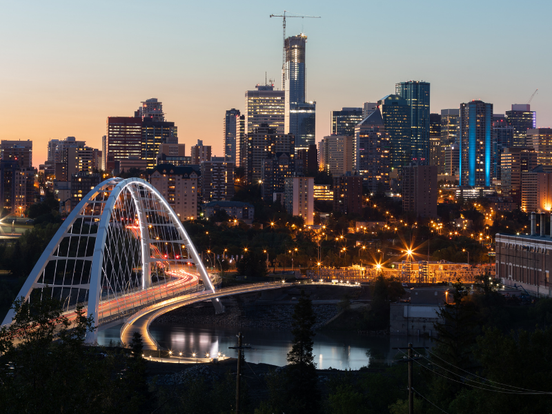 Downtown Edmonton, Alberta, skyline at dusk