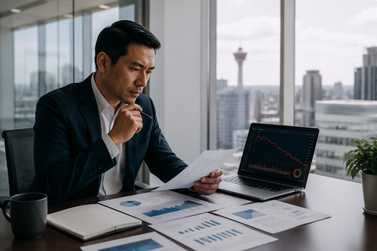 Business man looks at financials; Calgary tower in background