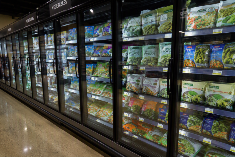Frozen vegetables aisle of grocery store